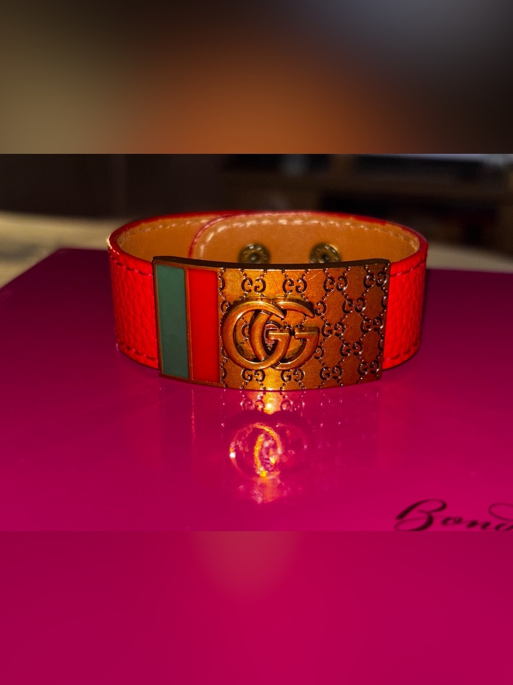 New !Fashion Red Bracelet with Gold Double G Plaque and Green-Red Enamel